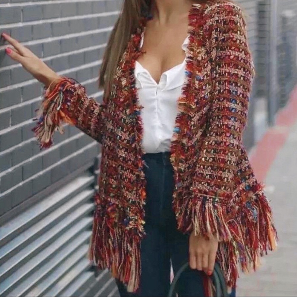NWT Zara Rainbow Tweed Sweater Jacket with Fringe sz XS